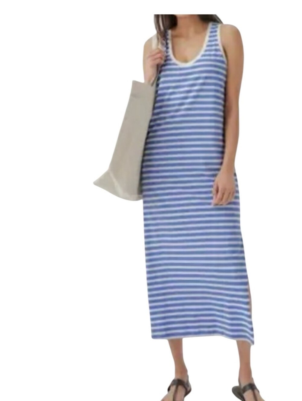 Pact Blue White Striped Maxi Dress Organic Cotton Scoop Neck Sleeveless Sz Med